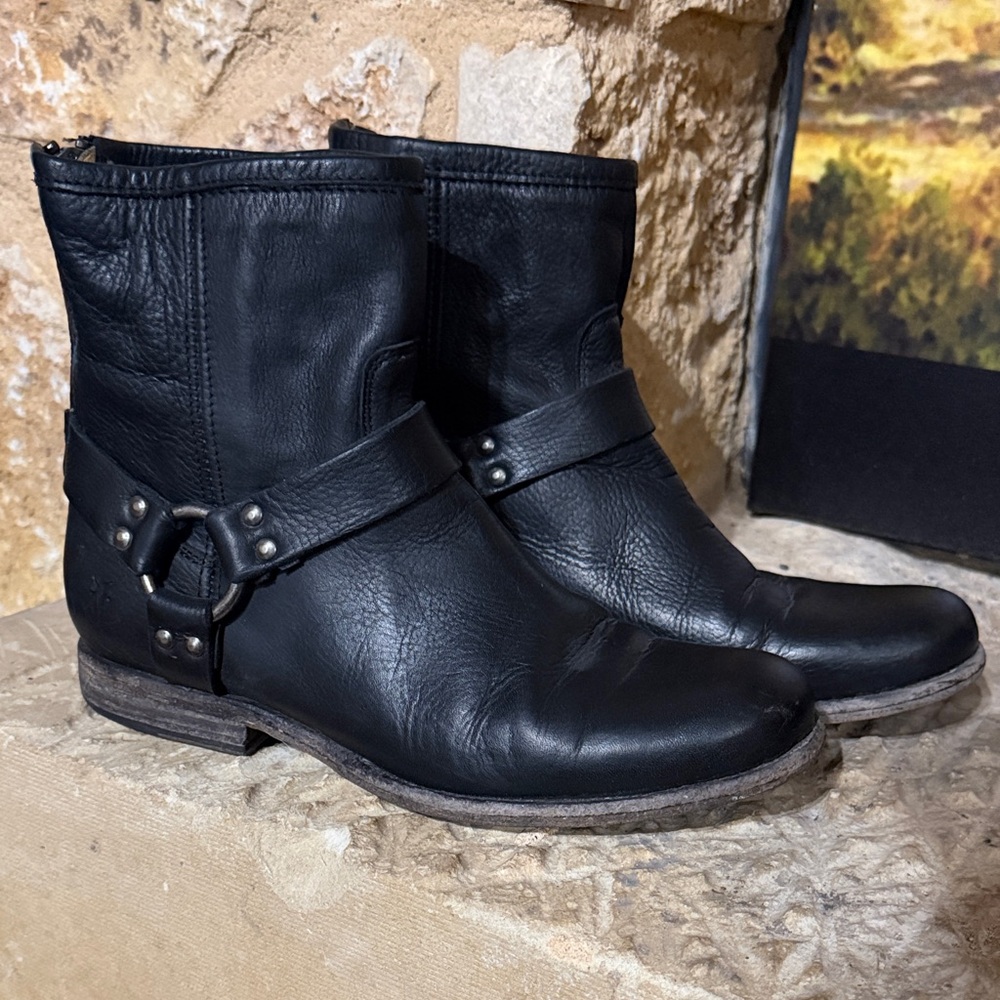 Frye Black Leather Harness Zip Ankle Boots
